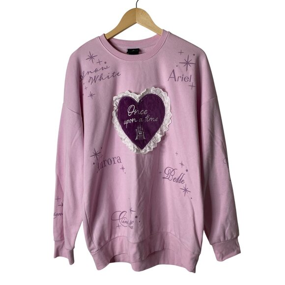 Disney Princess Pink Sweatshirt "Once Upon A Time" Heart Patch Large Cozy Lace - Picture 1 of 9